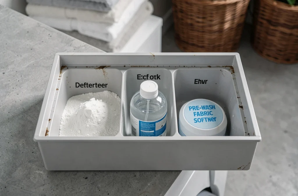 Gros plan sur le tiroir à lessive ouvert d'une machine à hublot avec les trois compartiments pré-lavage, lessive et adoucissant bien remplis